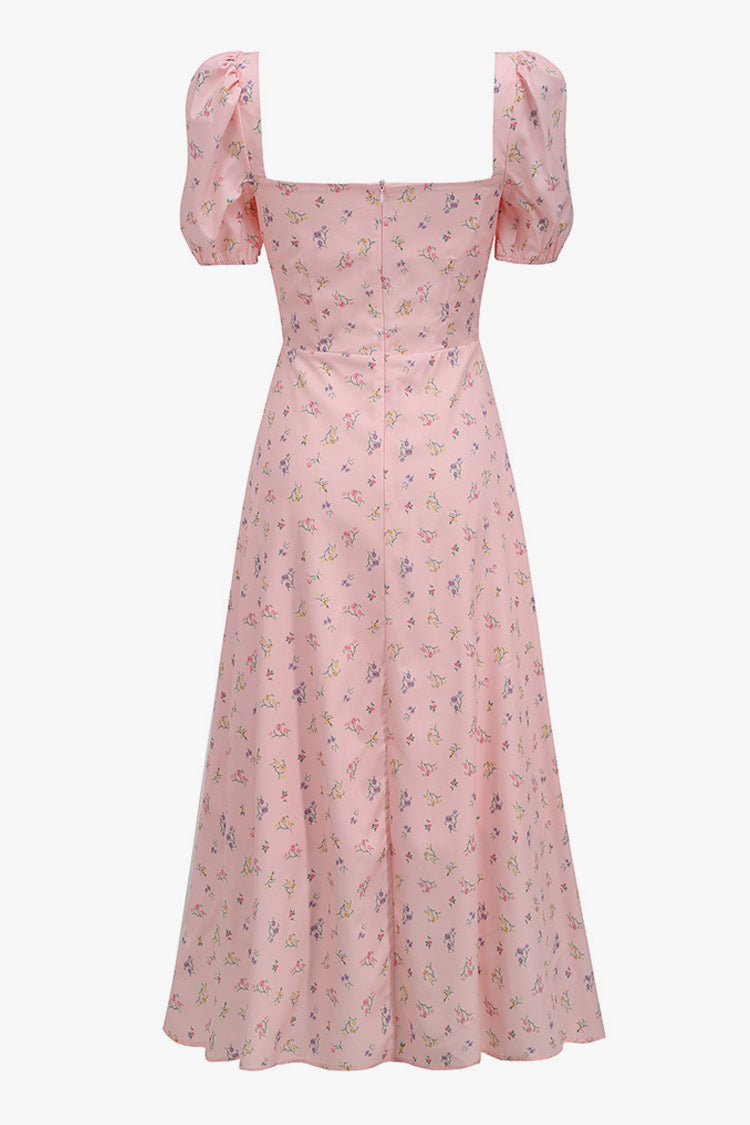 Puff Sleeve Ditsy Floral Tie Front High Slit Midi Dress - Pink  Fashionpara