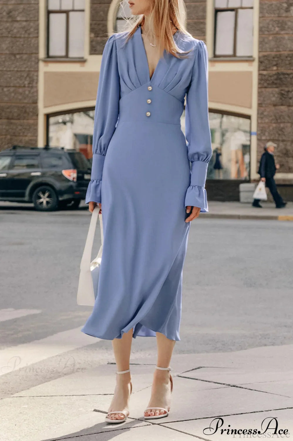 Puff Sleeve V Neck Vintage Slim Maxi Dress