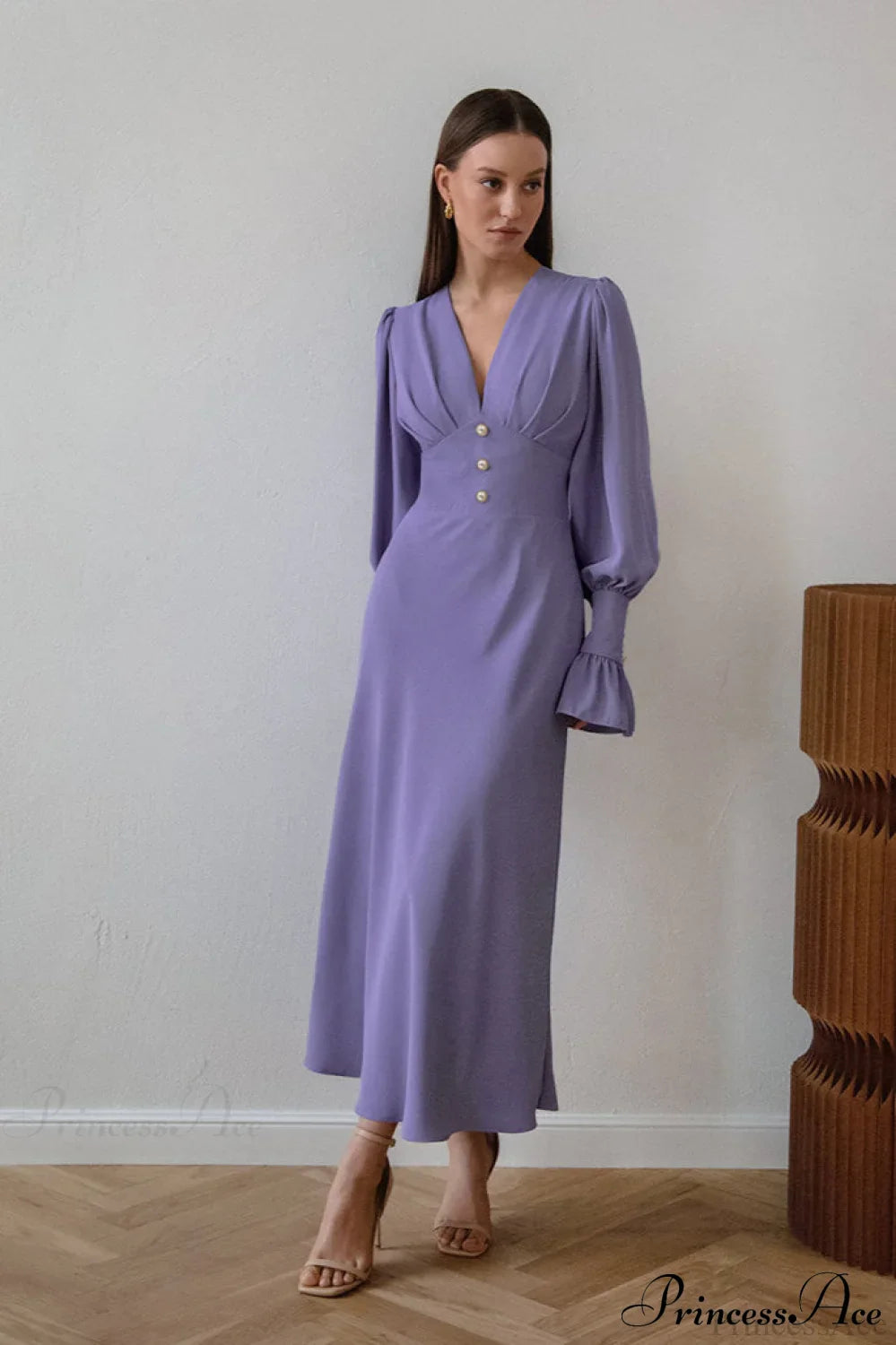 Puff Sleeve V Neck Vintage Slim Maxi Dress Purple / S