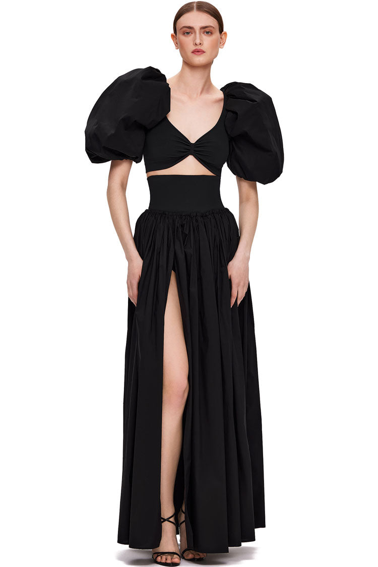 Puffl Sleeve Crop High Waist High Split Two Piece Maxi Dress - Black  Fashionpara