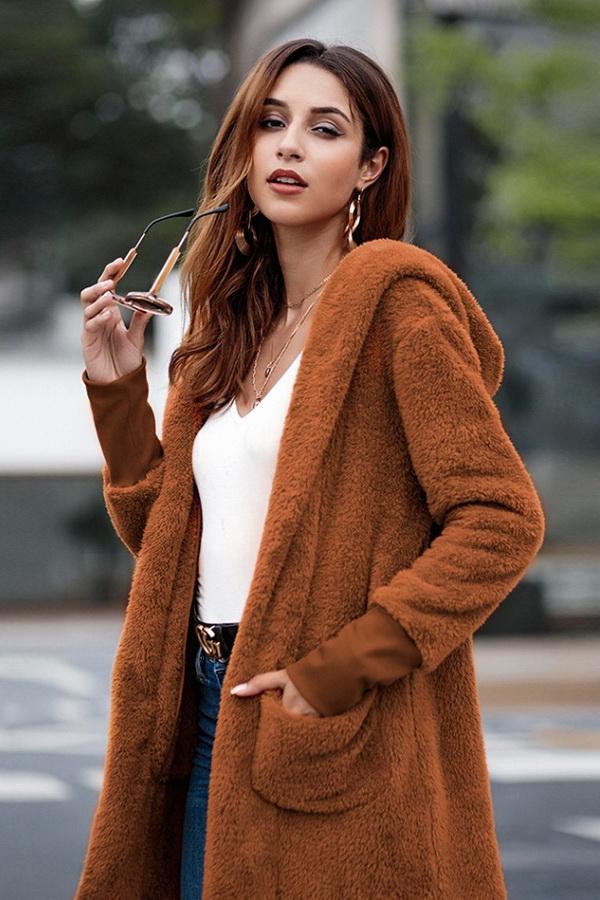 RadyRin Pure Color Hooded Cardigan with Convenient Pockets