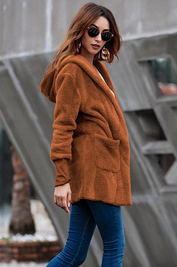 RadyRin Pure Color Hooded Cardigan with Convenient Pockets