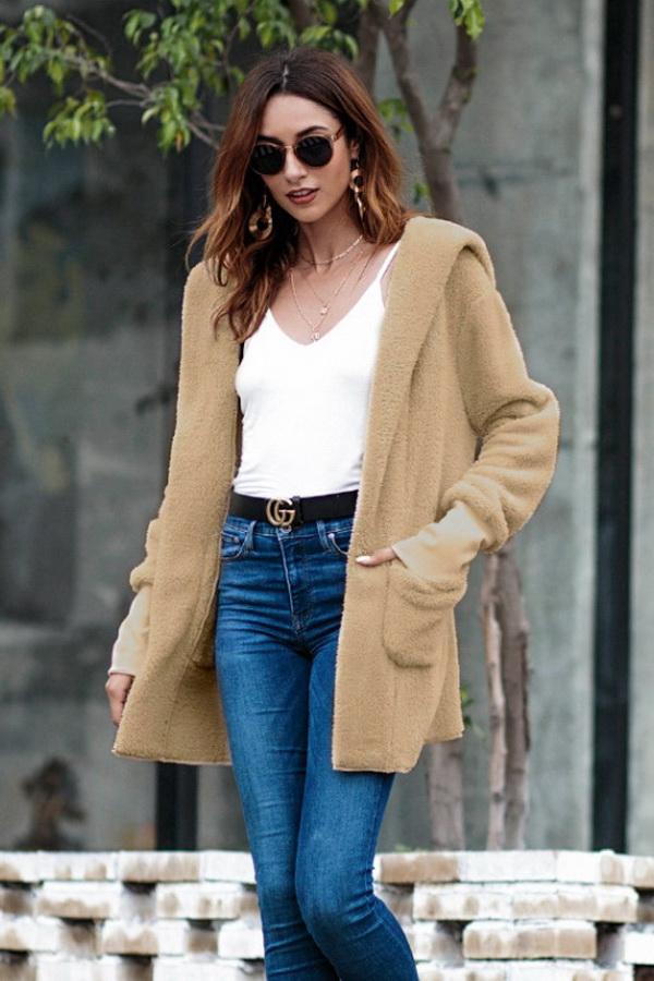 RadyRin Pure Color Hooded Cardigan with Convenient Pockets