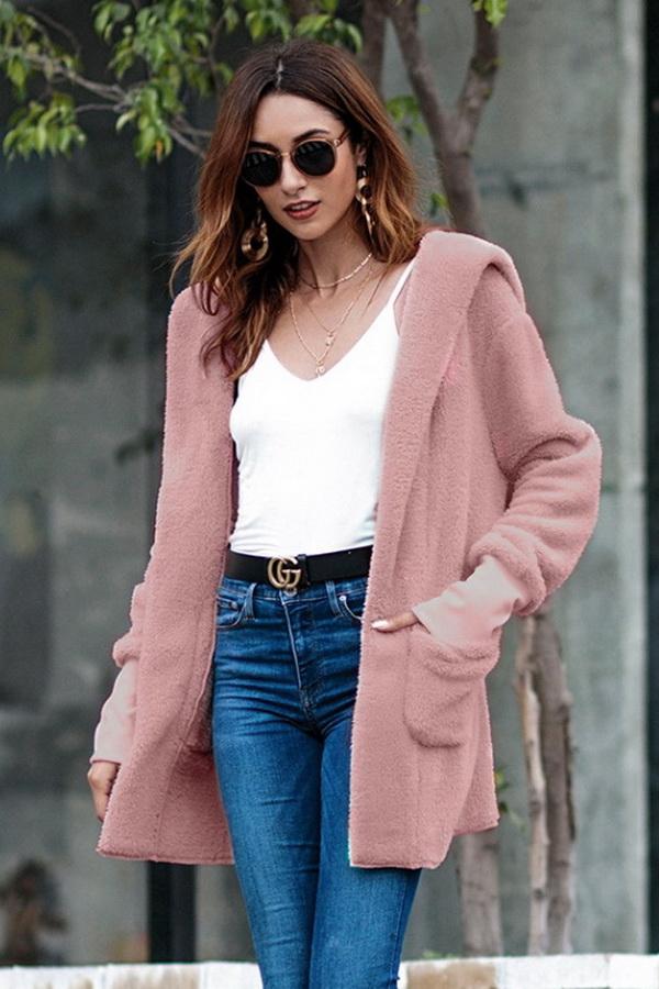 RadyRin Pure Color Hooded Cardigan with Convenient Pockets