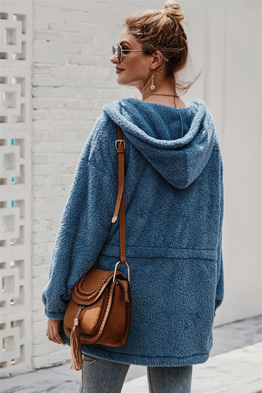 Pure Color Plush Hooded Zipper Coat