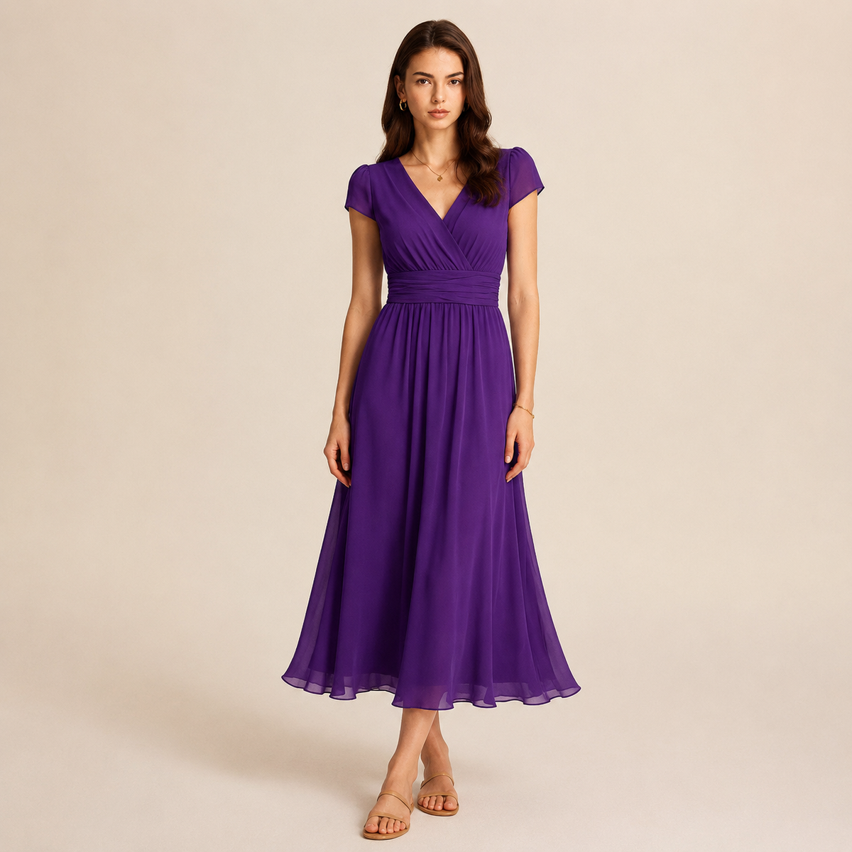 V-Neck Cap Sleeve Ruched Waist Chiffon Midi Dress 7