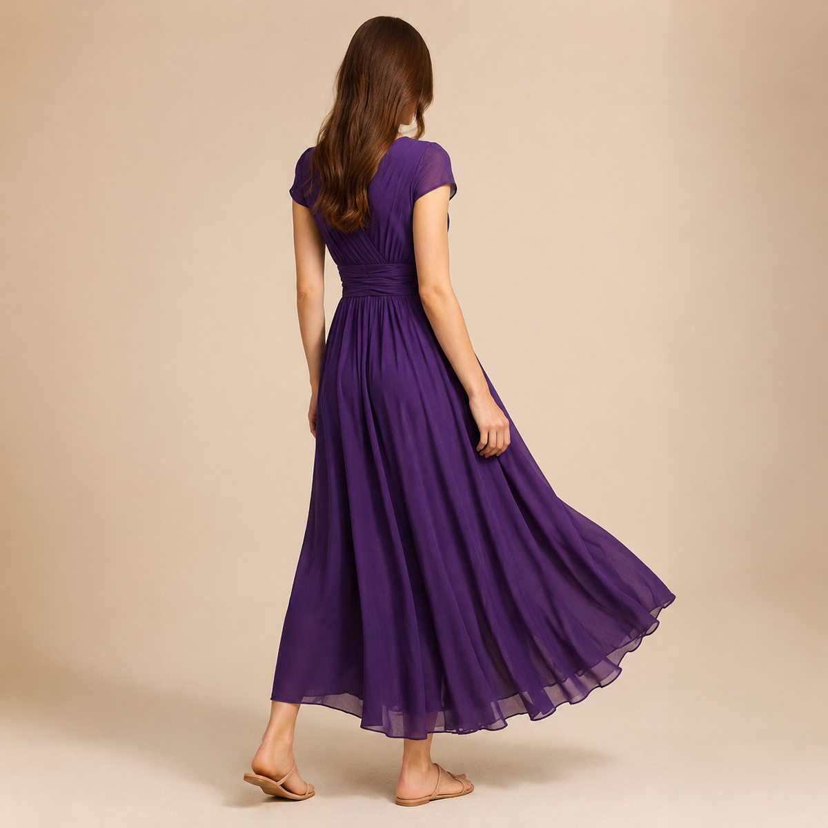 V-Neck Cap Sleeve Ruched Waist Chiffon Midi Dress 9