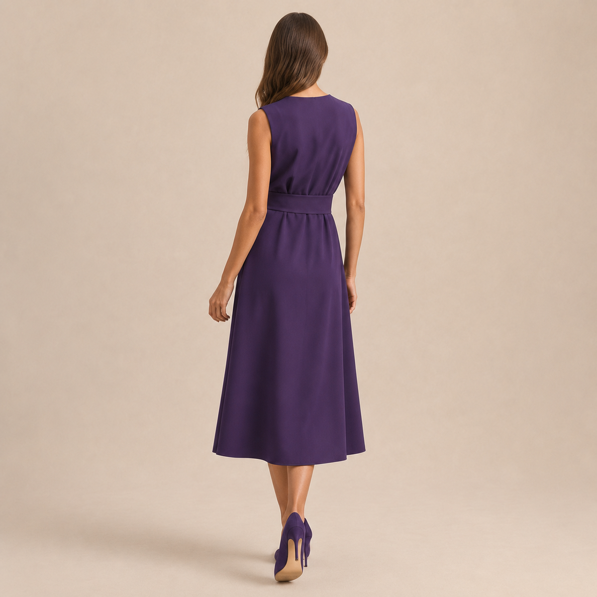Round Neck Sleeveless Belted Pleated Fit and Flare Midi Dress 15