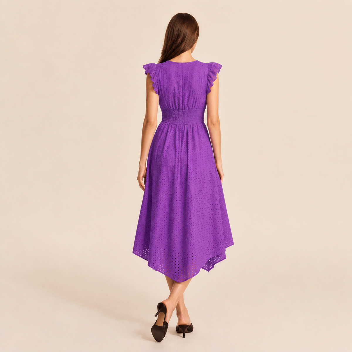 Broderie V-Neck Flutter Sleeve Shirred Waist A-Line Midi Dress 23