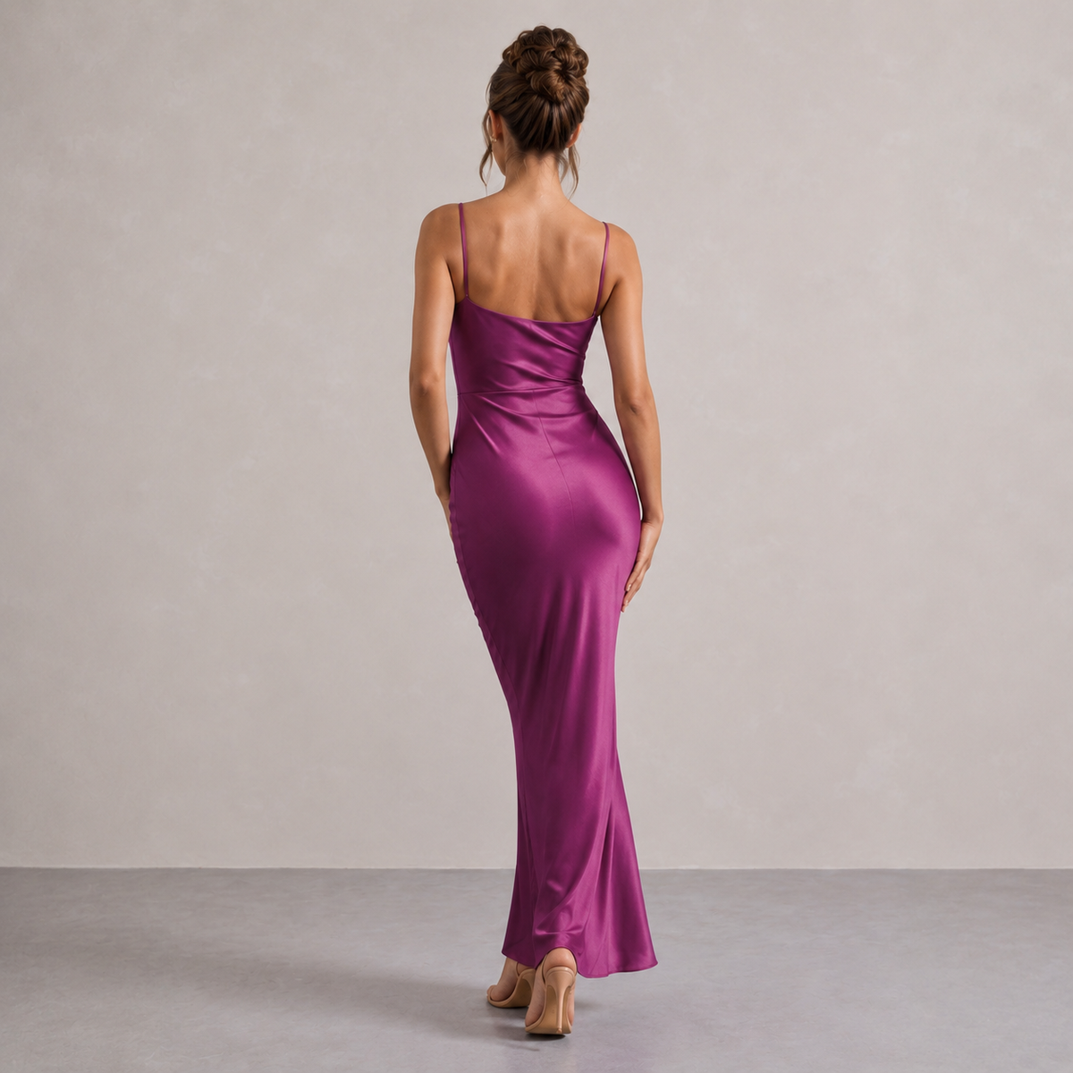 Cowl Neck Satin Ruched Split Midi Dress 18