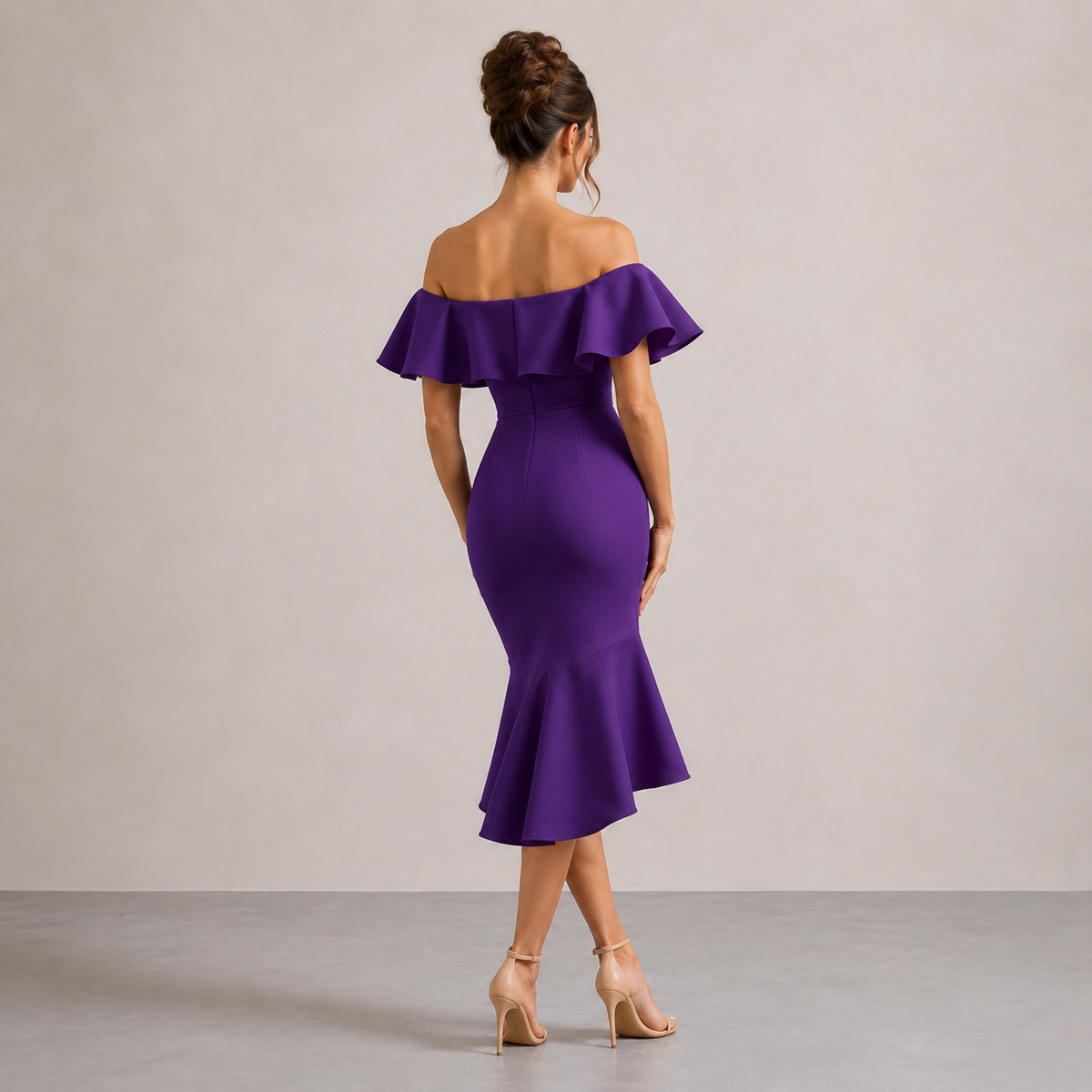 Off Shoulder Ruffle Fishtail Bodycon Midi Dress 3