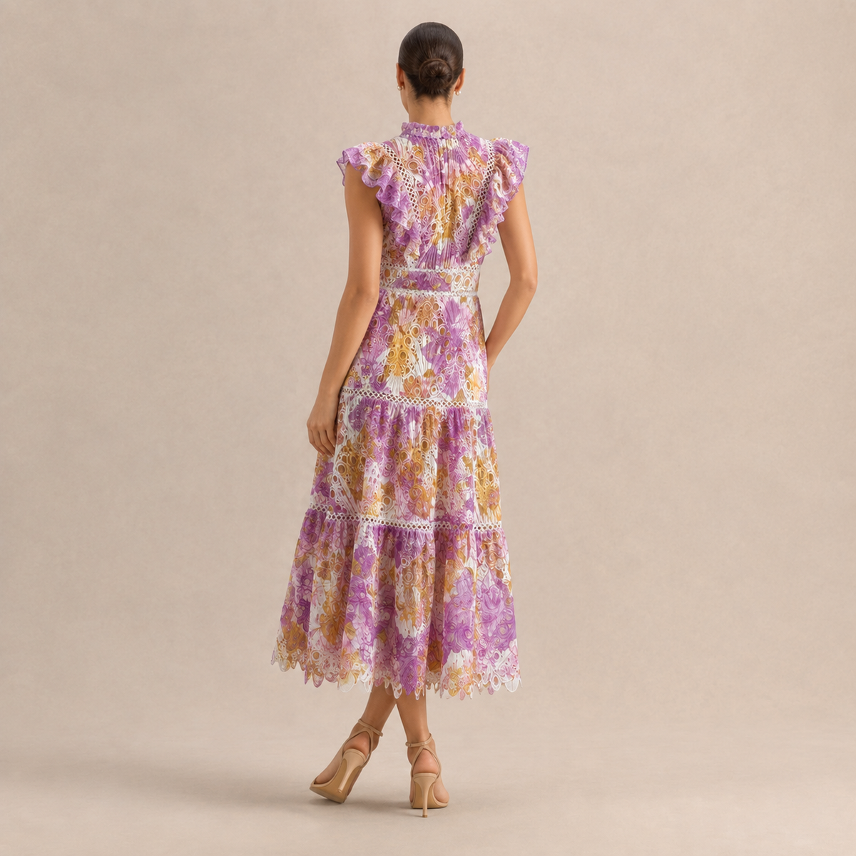 High Neck Floral Lace Tiered Midi Dress 6