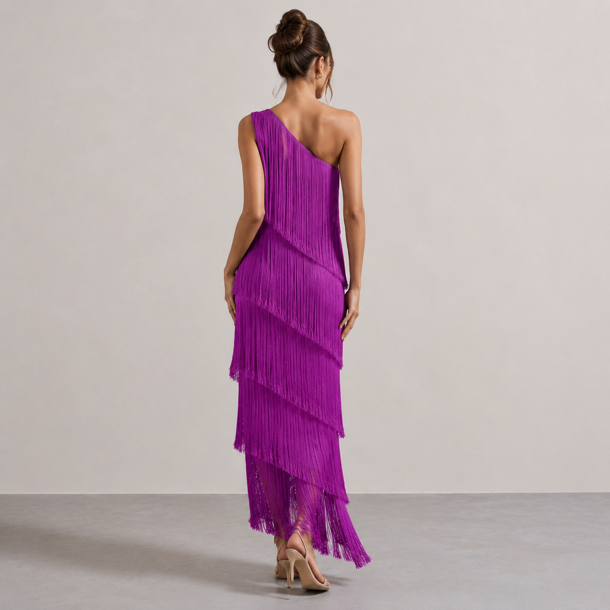 One Shoulder Tiered Tassel Fringe Bodycon Maxi Dress 11