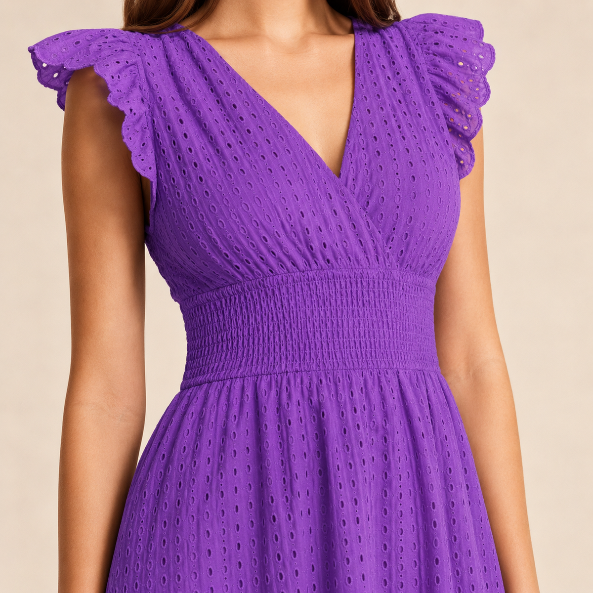 Broderie V-Neck Flutter Sleeve Shirred Waist A-Line Midi Dress 22