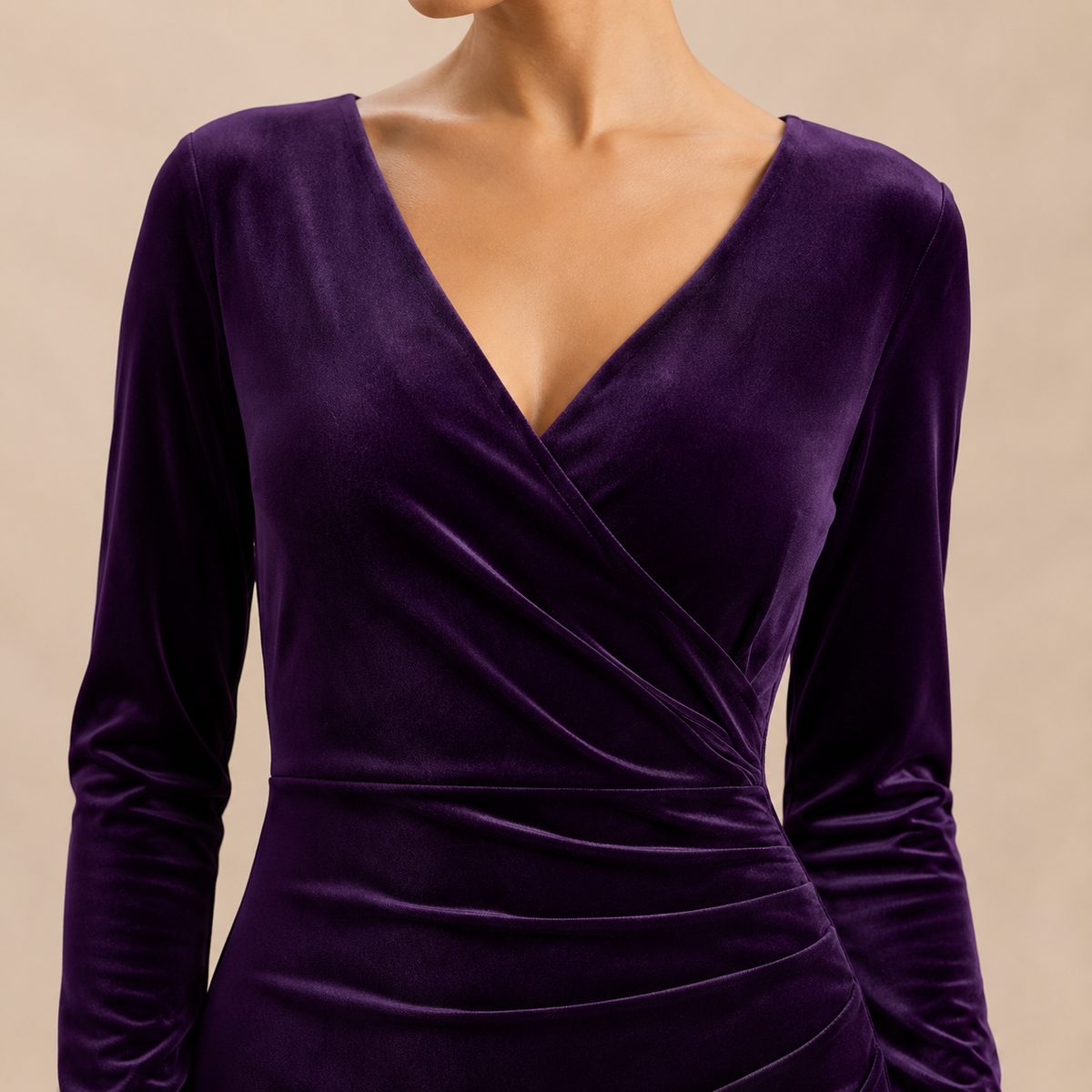 V-Neck Long Sleeve Ruched Velvet Wrap Midi Dress 11
