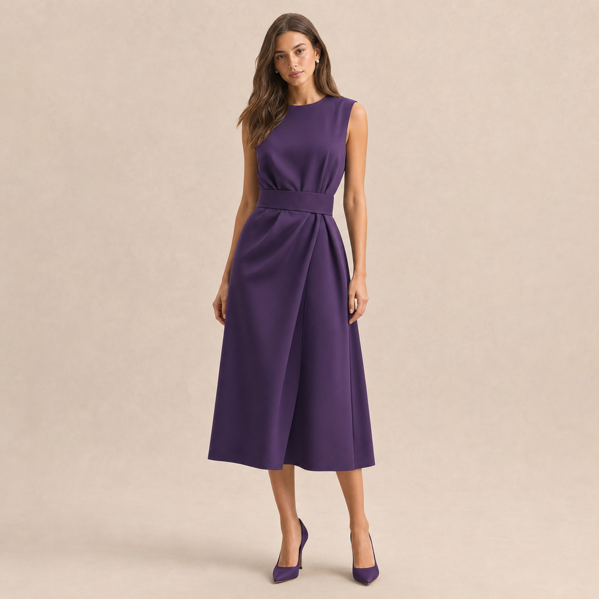 Round Neck Sleeveless Belted Pleated Fit and Flare Midi Dress 13