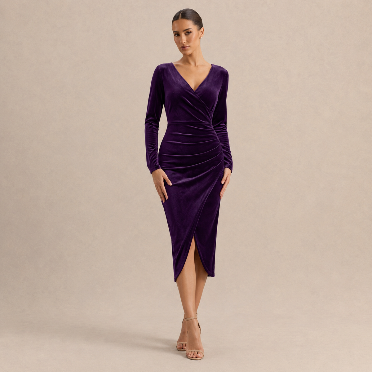 V-Neck Long Sleeve Ruched Velvet Wrap Midi Dress 10