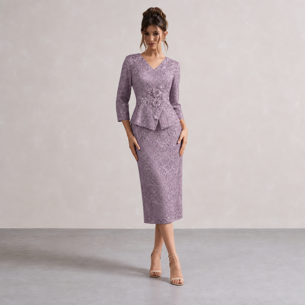 V-Neck Lace Peplum Floral Applique Midi Dress 4