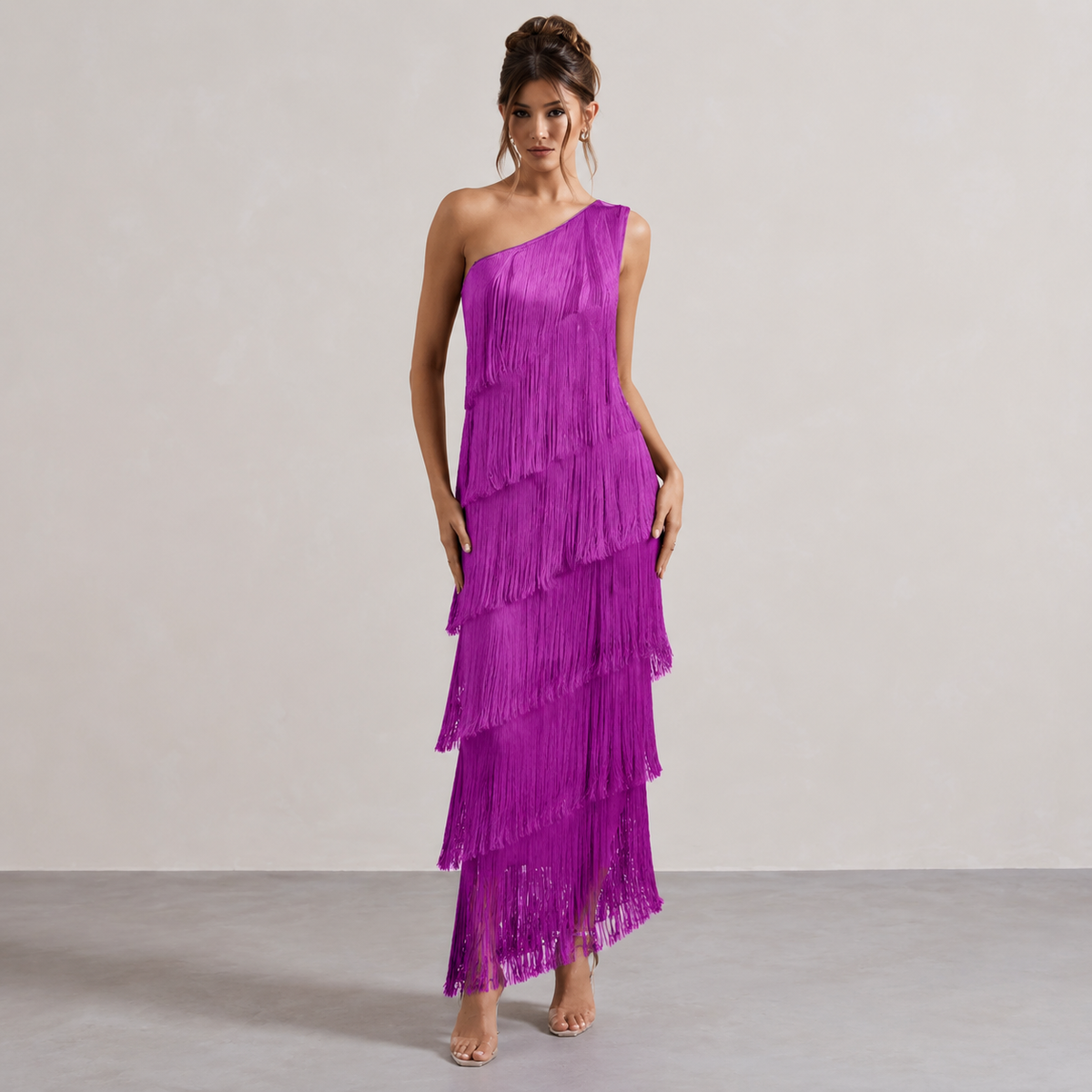 One Shoulder Tiered Tassel Fringe Bodycon Maxi Dress 9