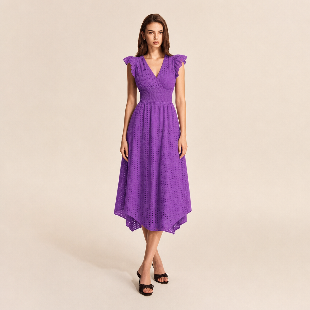 Broderie V-Neck Flutter Sleeve Shirred Waist A-Line Midi Dress 21