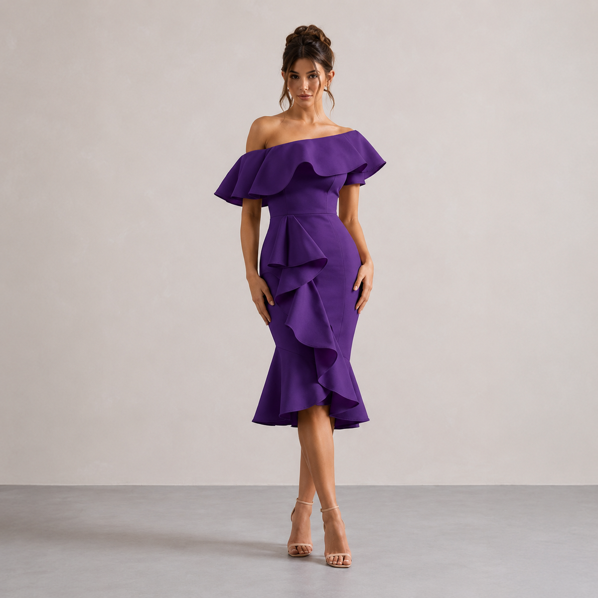 Off Shoulder Ruffle Fishtail Bodycon Midi Dress
