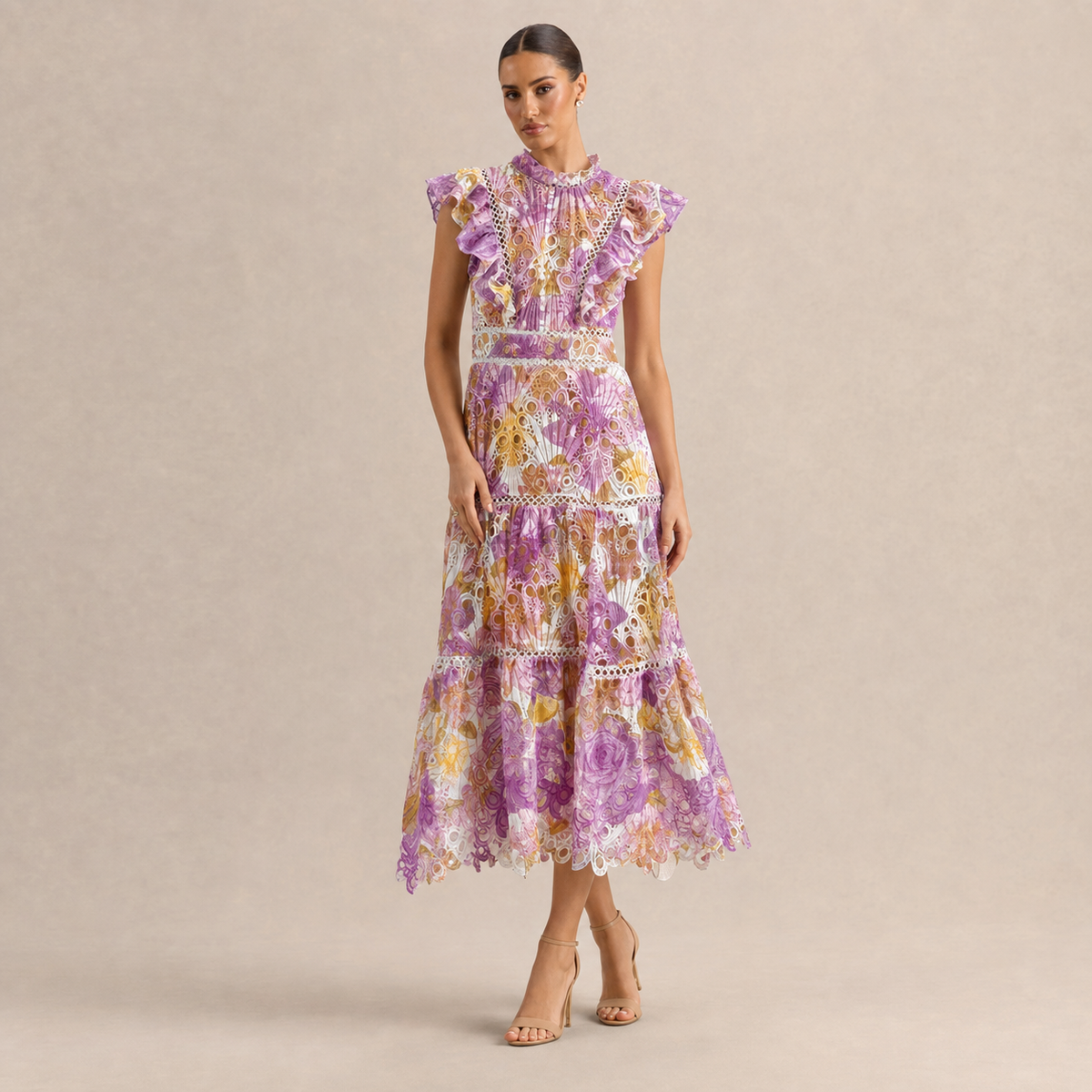 High Neck Floral Lace Tiered Midi Dress 4