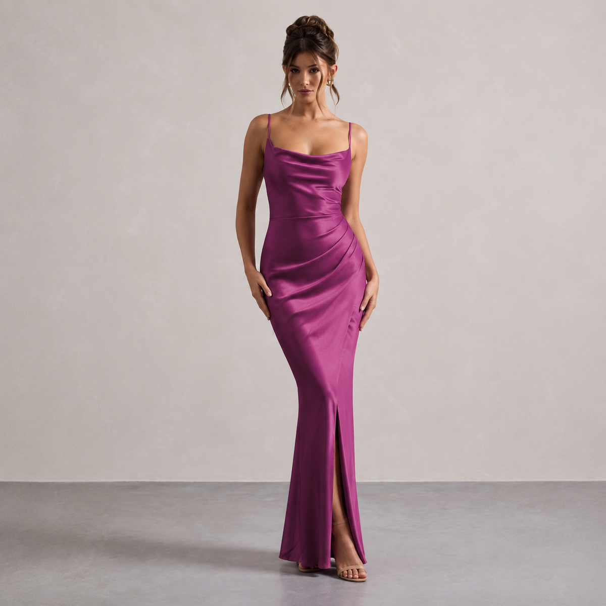 Cowl Neck Satin Ruched Split Midi Dress 16
