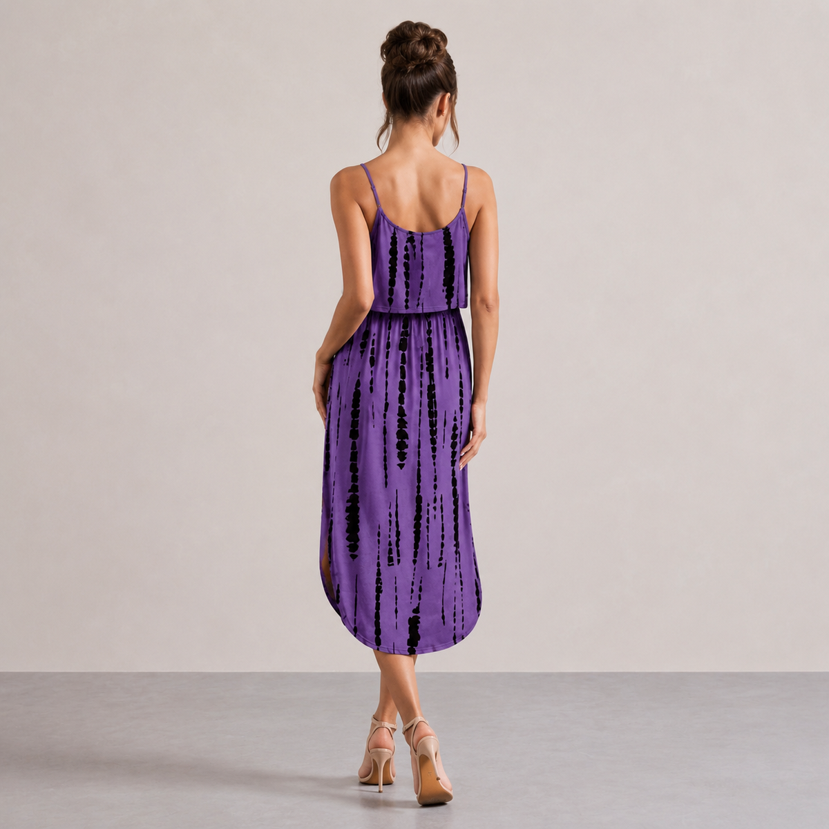 Tie Dye Stripe Cami Drawstring Waist High Low Midi Dress 12