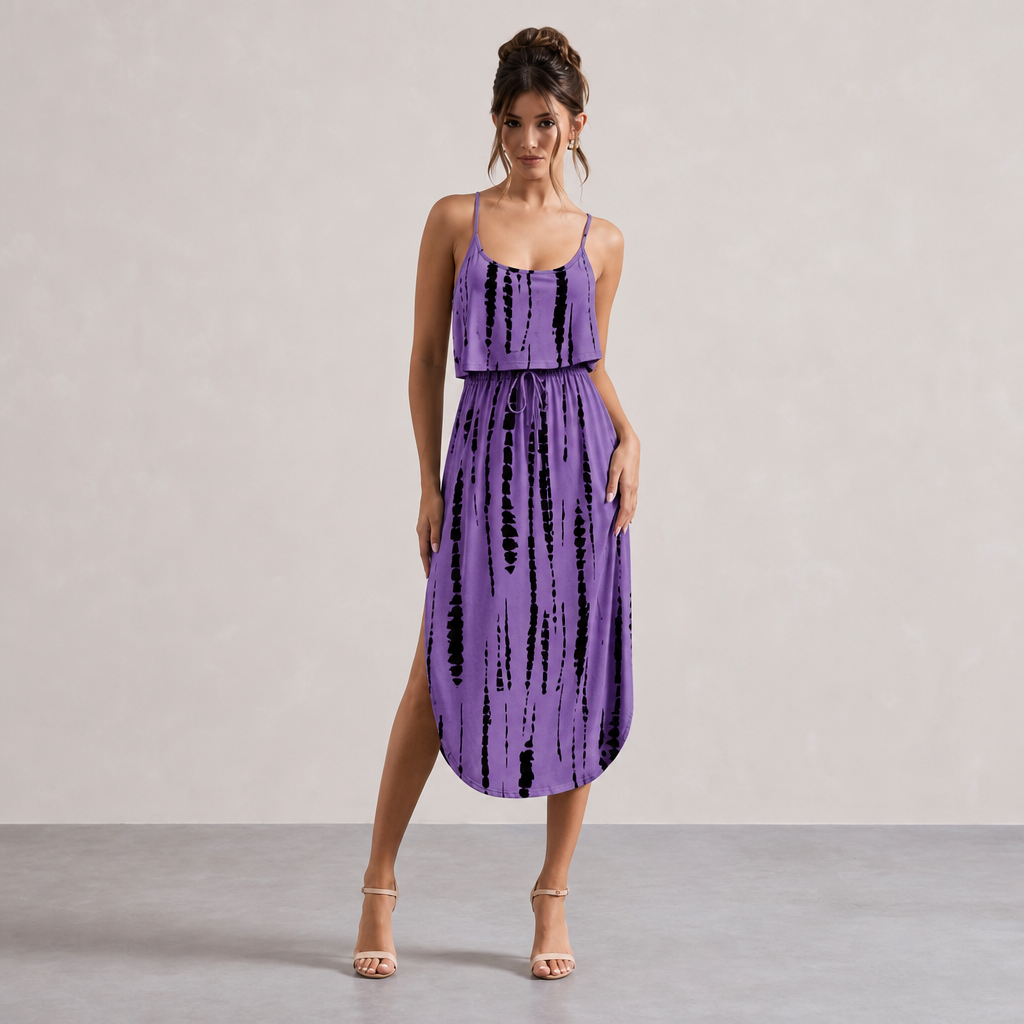 Tie Dye Stripe Cami Drawstring Waist High Low Midi Dress 10