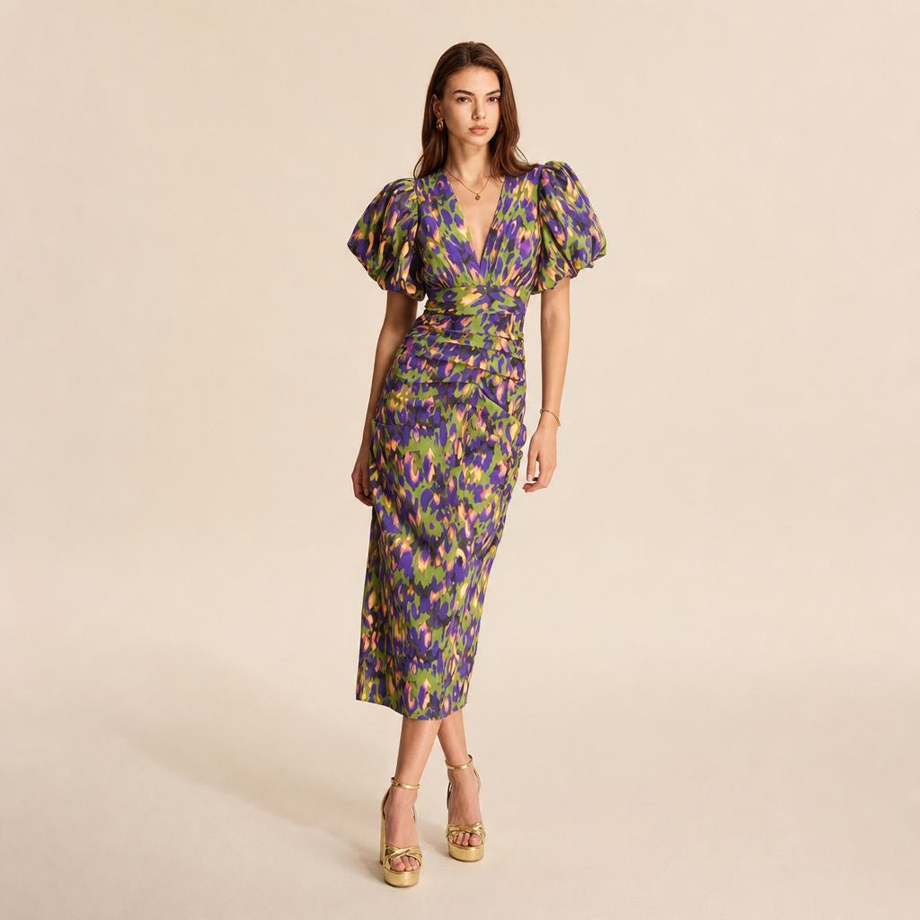 Floral V-Neck Puff Sleeve Twist Front Midi Dress 10