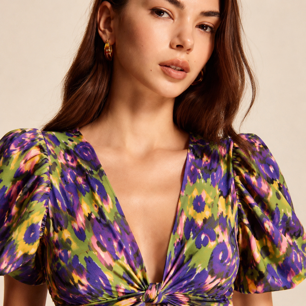 Floral V-Neck Puff Sleeve Twist Front Midi Dress 11