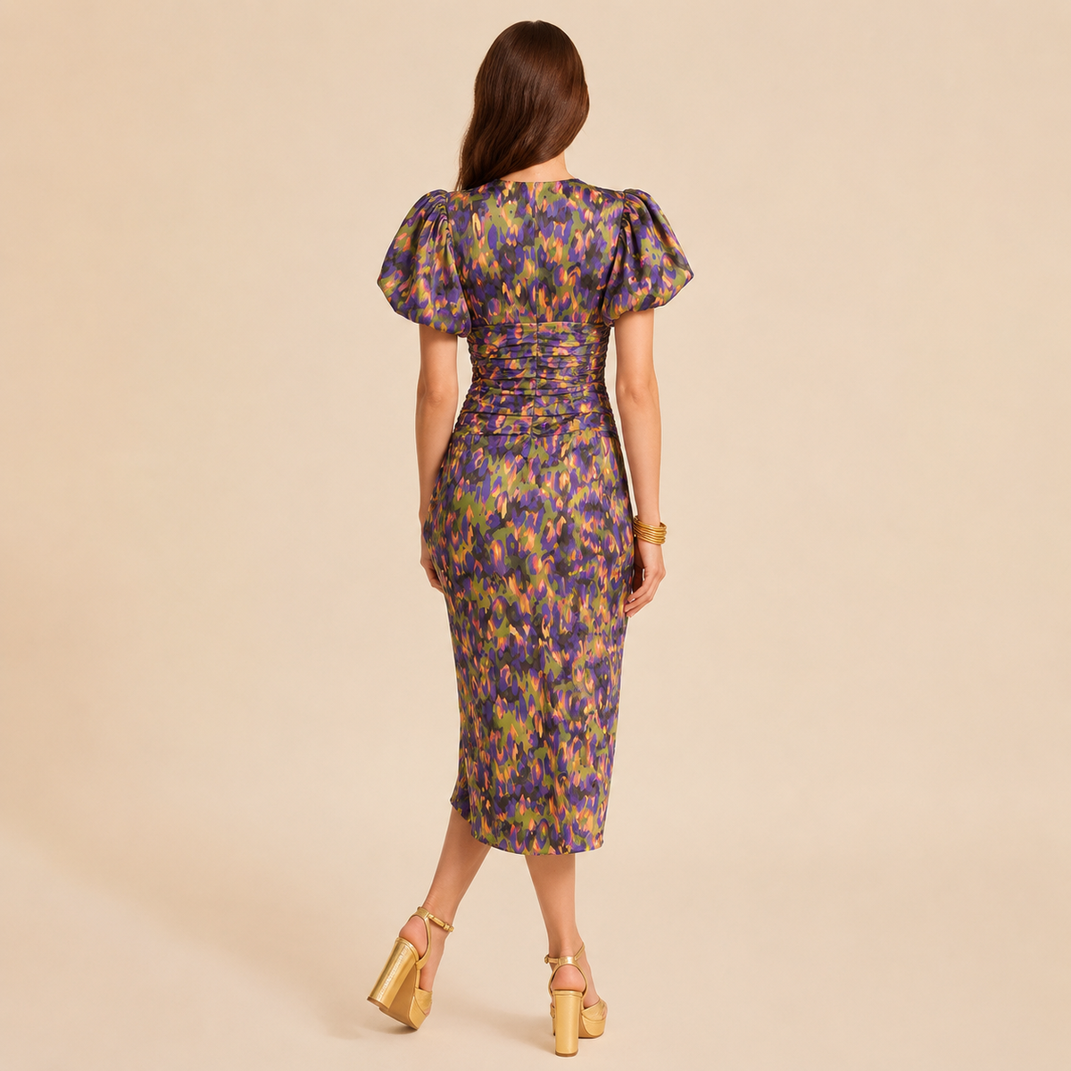 Floral V-Neck Puff Sleeve Twist Front Midi Dress 12