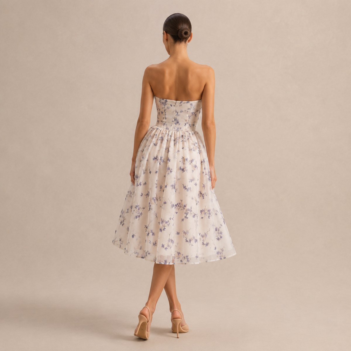 Floral Print Strapless Sweetheart Fit and Flare Midi Dress 6