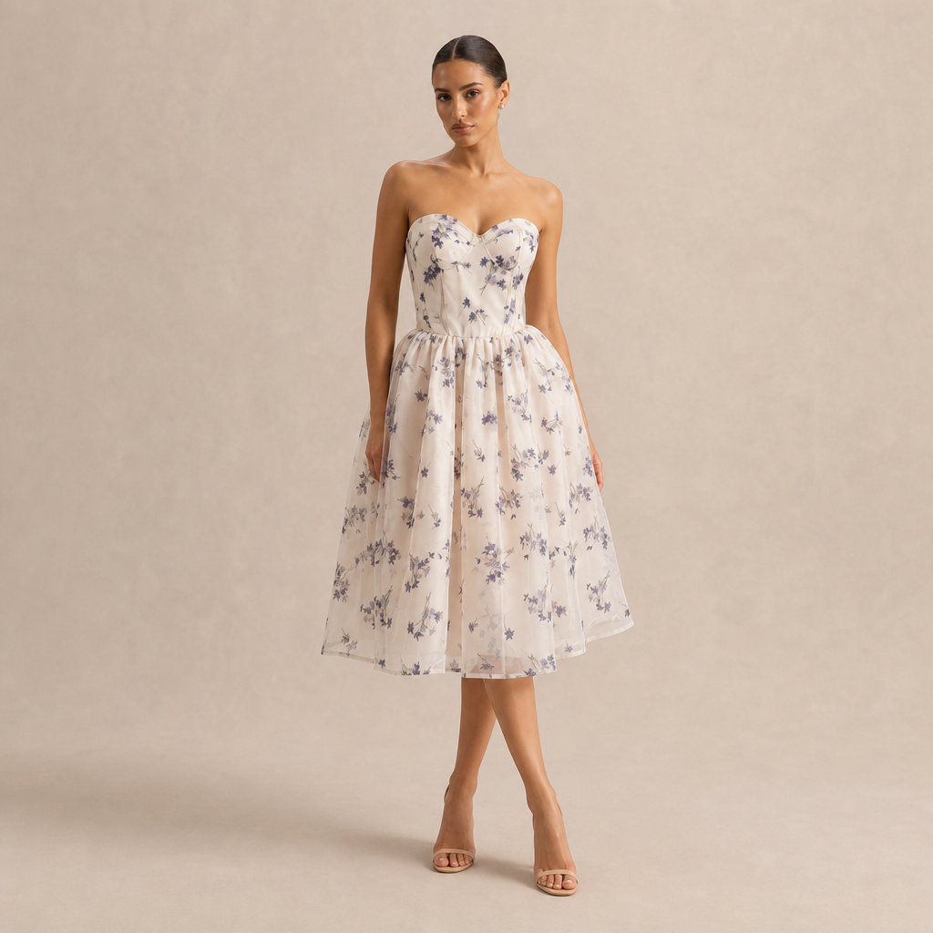 Floral Print Strapless Sweetheart Fit and Flare Midi Dress 4