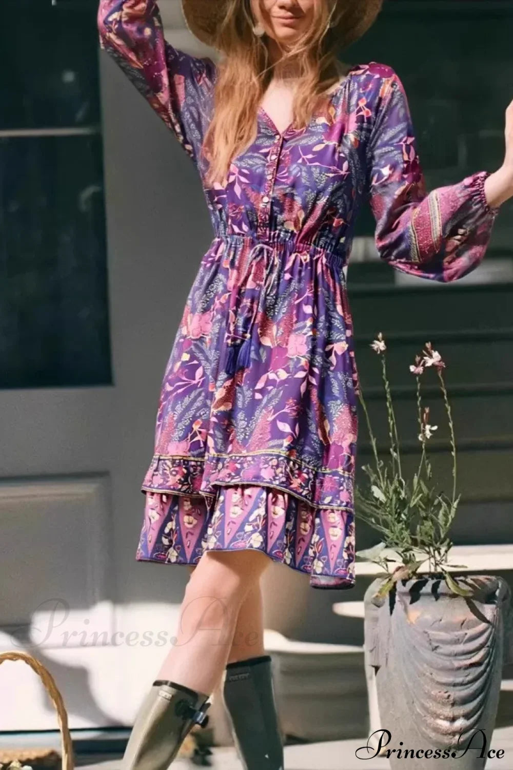 Purple Floral Button Ruffles Boho Mini Dress Purple / S bohodress-250126