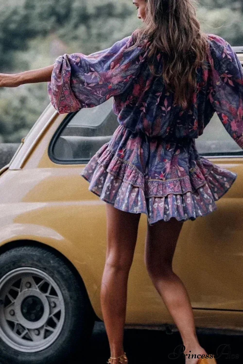 Purple Floral Elastic Waist Long Sleeve Mini Boho Dress