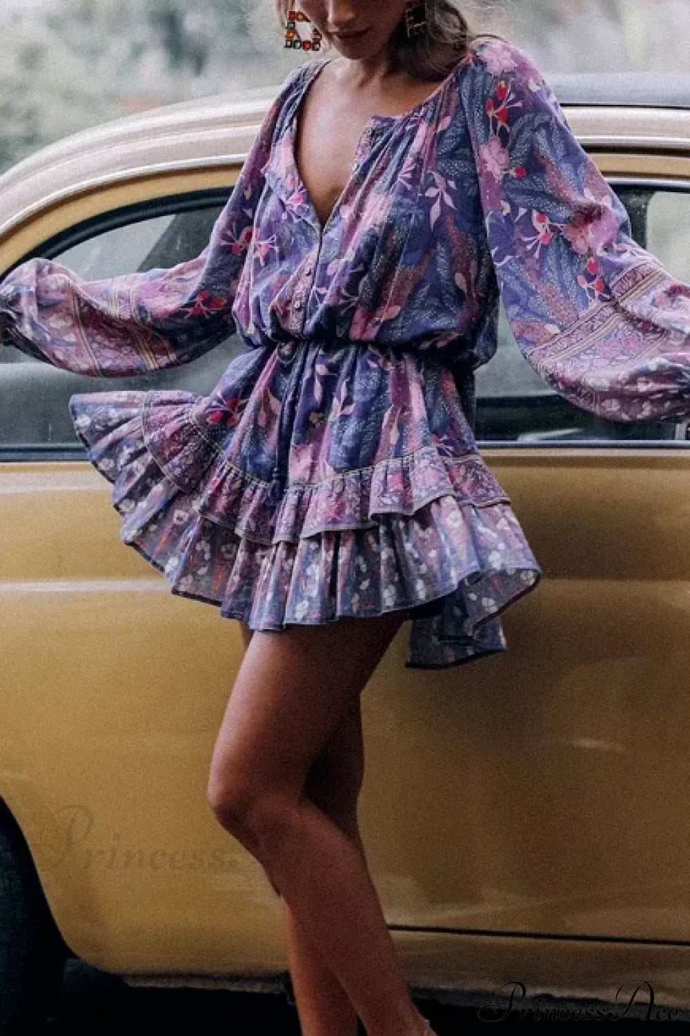 Purple Floral Elastic Waist Long Sleeve Mini Boho Dress Purple / S bohodress-250126