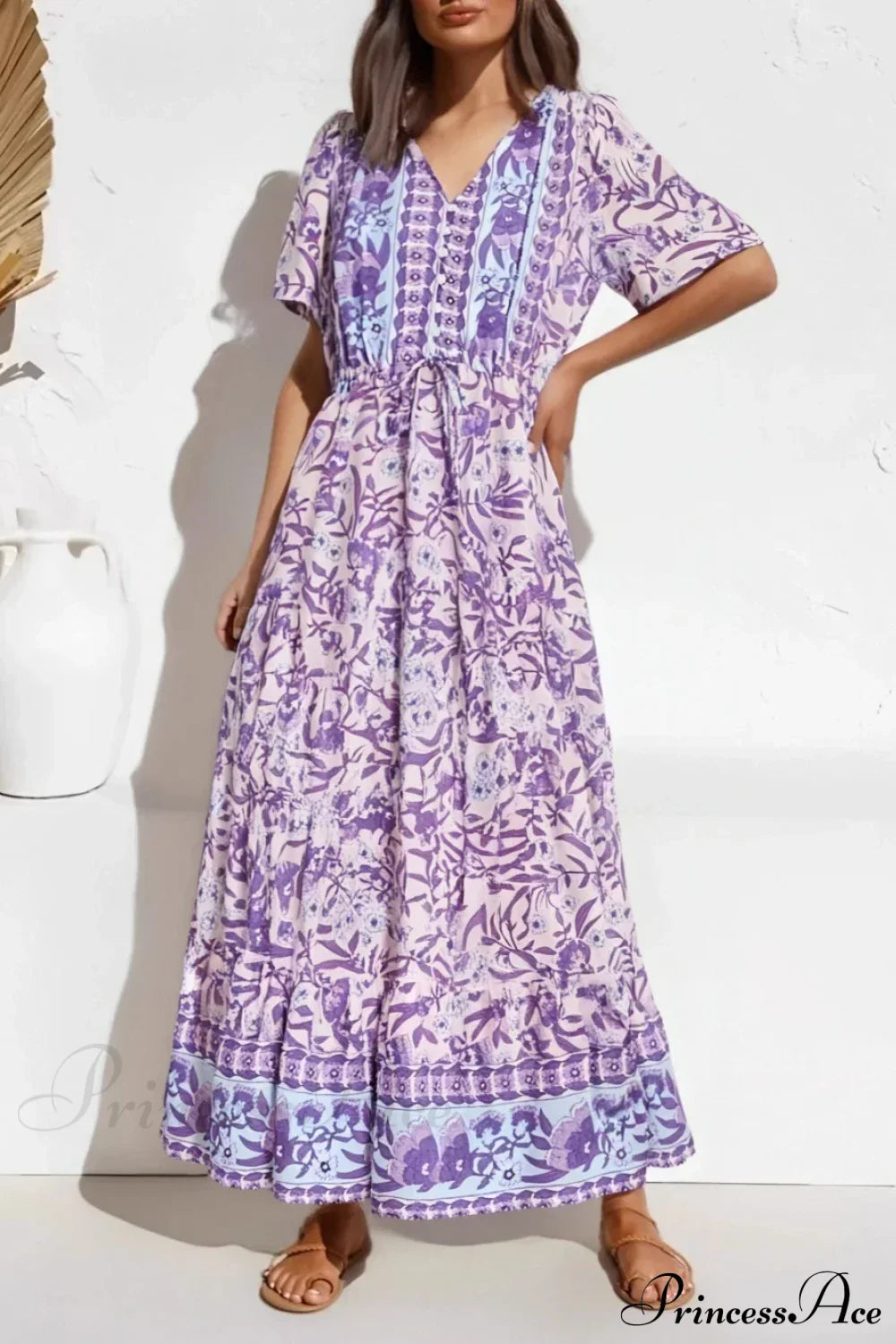 Purple Floral Print Button V-neck Pleated Rayon Maxi Boho Dress PURPLE / S bohodress-250126
