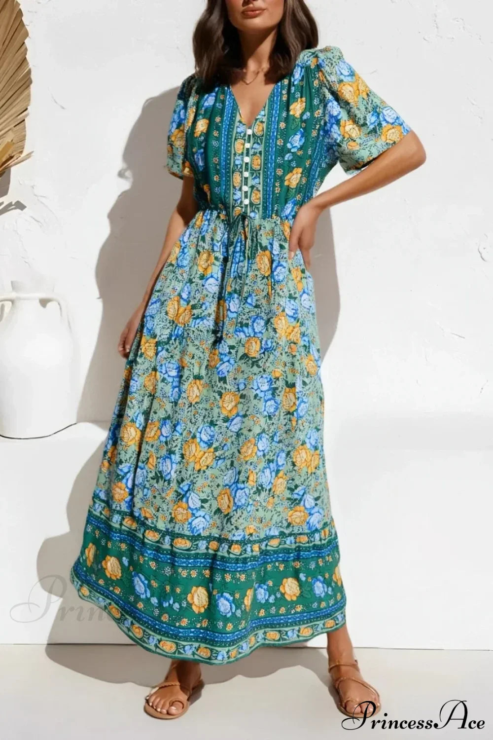 Purple Floral Print Button V-neck Pleated Rayon Vacation Maxi Boho Dress Green / S bohodress-250126