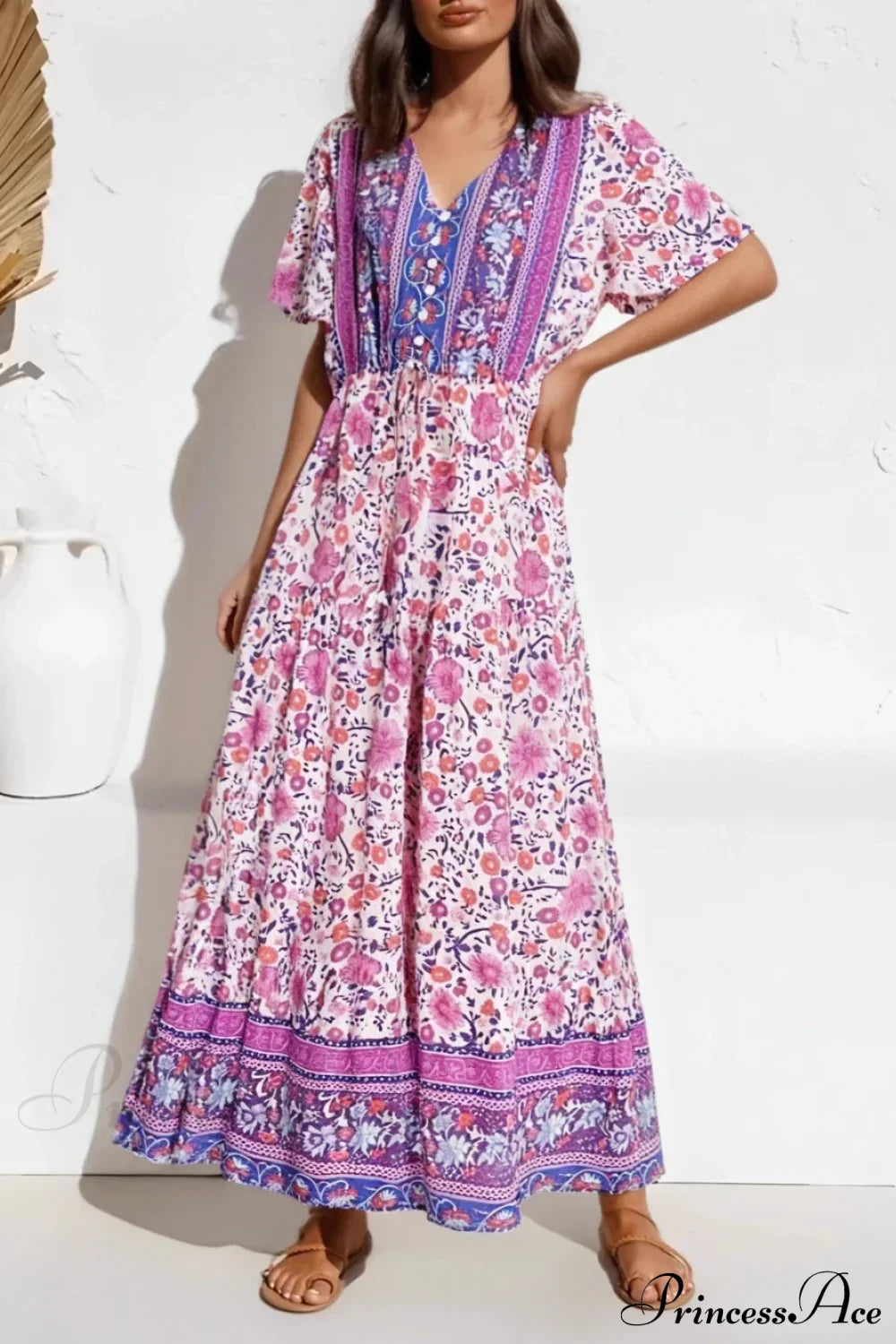 Purple Floral Print Short Sleeve Tassel Ruffles Rayon Maxi Boho Dress purple / S bohodress-250126