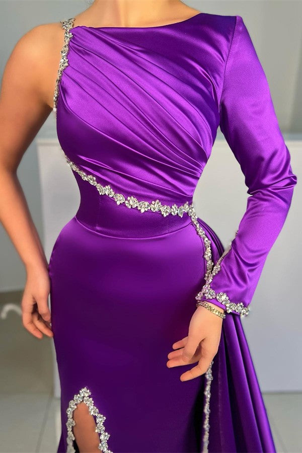 Purple Long Sleeve One Shoulder Prom Dress Mermaid With Slit - Fashionpara