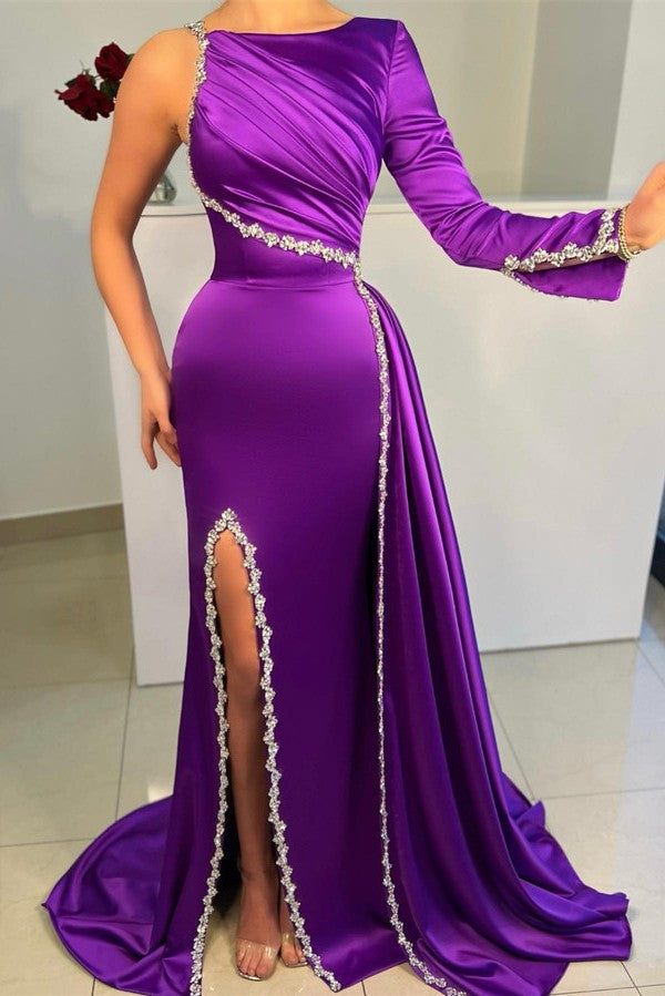 Purple Long Sleeve One Shoulder Prom Dress Mermaid With Slit - Fashionpara