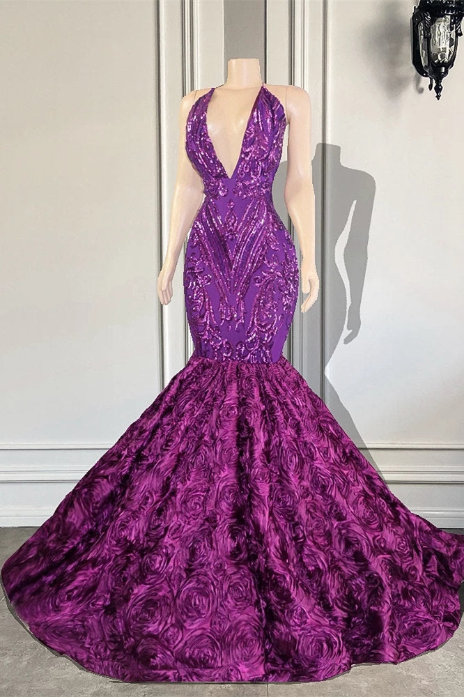 Purple Mermaid Prom Dress V-Neck Sleeveless With Flowers - Fashionpara