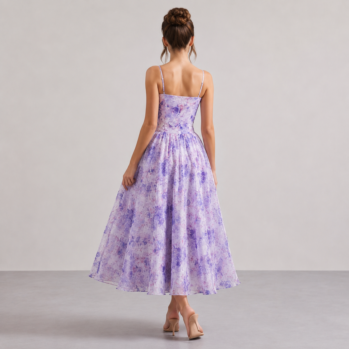 Rose Floral Straight Neck Cut Out A-Line Midi Dress 6