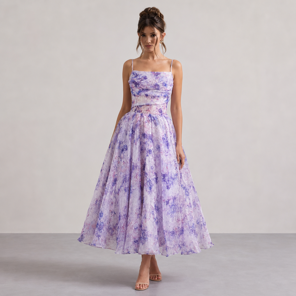 Rose Floral Straight Neck Cut Out A-Line Midi Dress 4