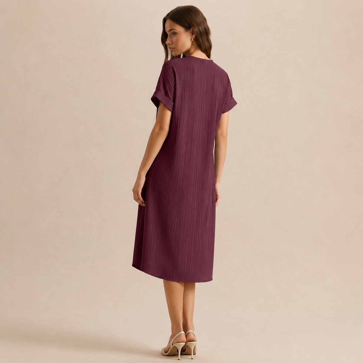 V-Neck Short Sleeve Button Front Ribbed Midi Shift Dress 15