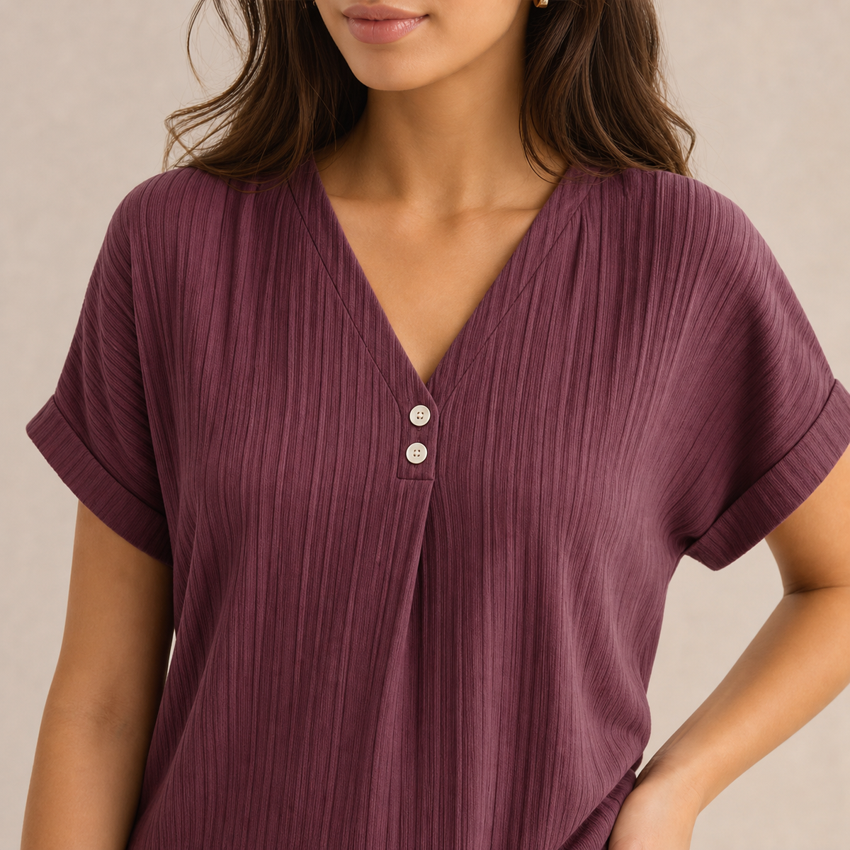 V-Neck Short Sleeve Button Front Ribbed Midi Shift Dress 14