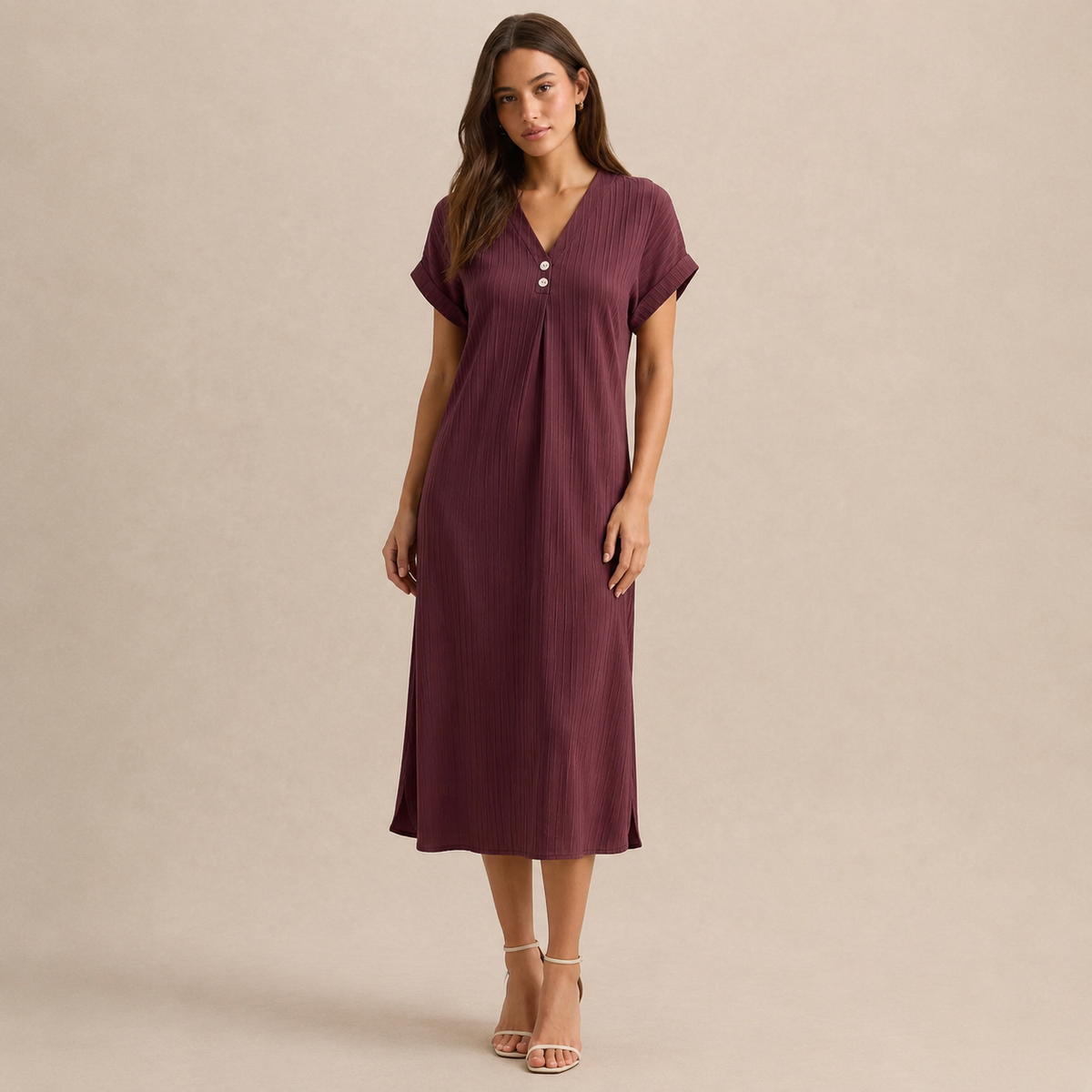 V-Neck Short Sleeve Button Front Ribbed Midi Shift Dress 13