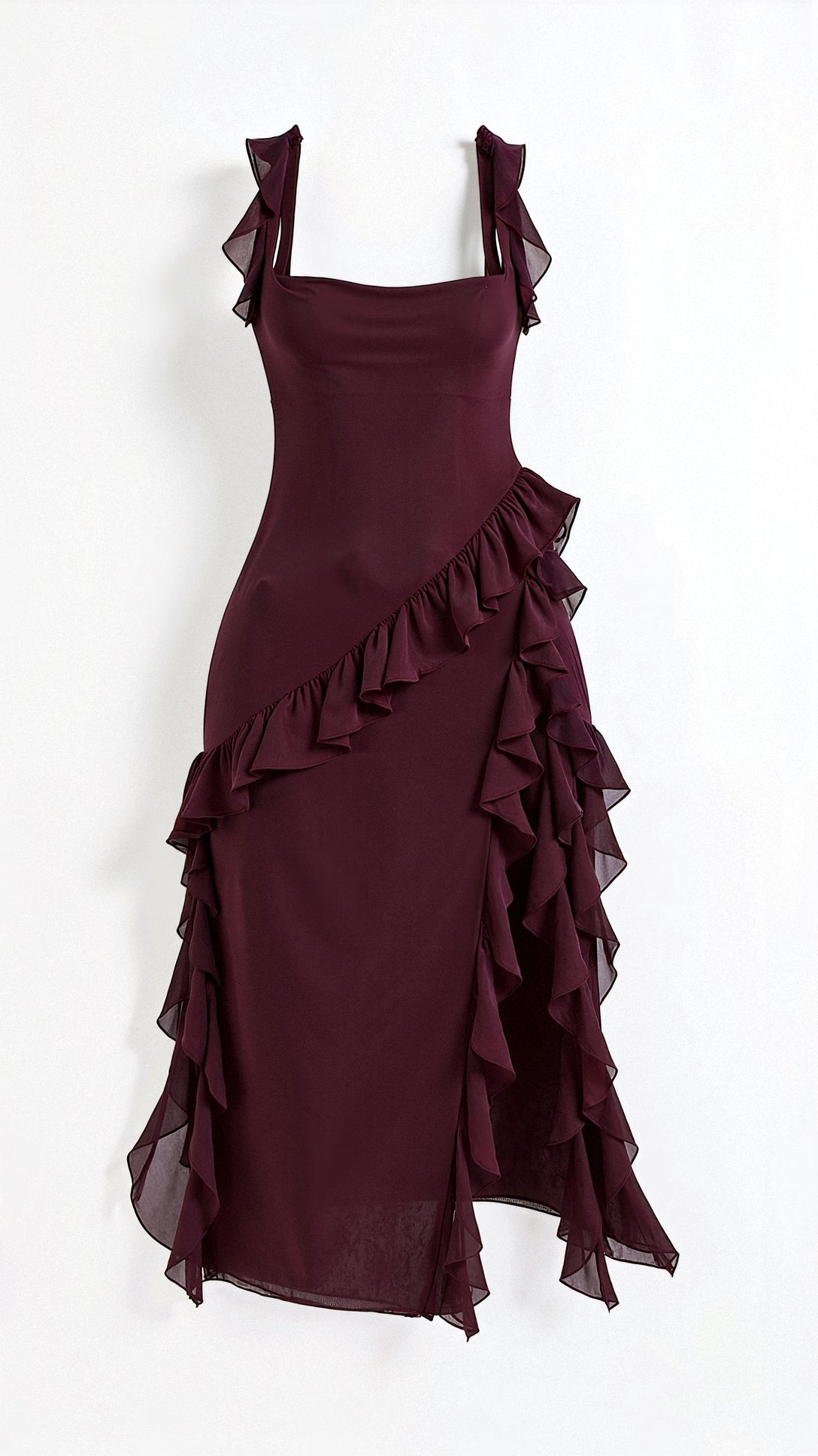 Square Neck Ruffle Strap Asymmetrical Ruffle Hem Midi Dress - View 11