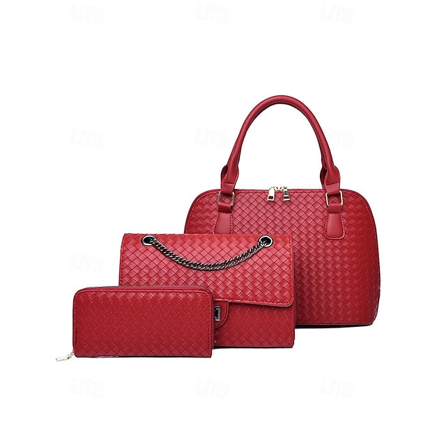 Handbag Set Brown Leather Woven 3-Piece Faux